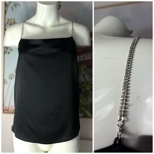 ASOS Black Satin Cami Tank Rhinestone Diamante Straps Blouse Size 14 XL